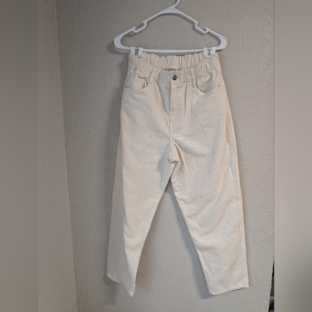 Paperbag Waist Pants 30 Cream High Rise Stretchy Straight Leg Preppy Academia